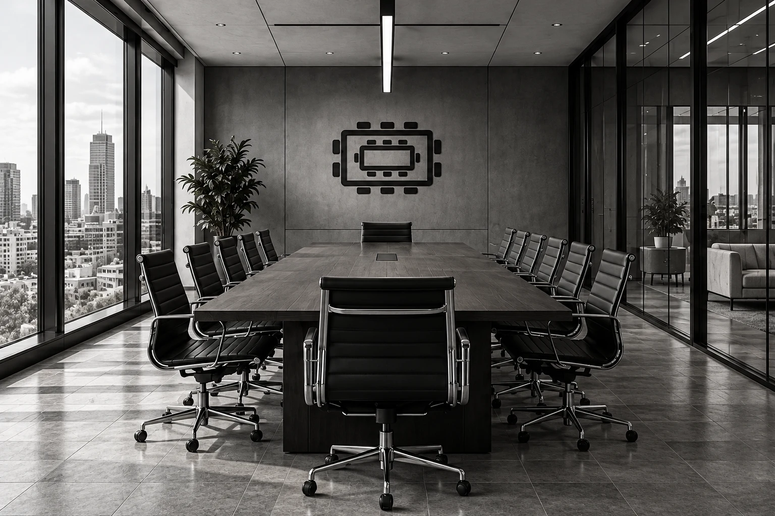 An empty boardroom with a long table, leather chairs and the Meeting Department emblem on the wall.